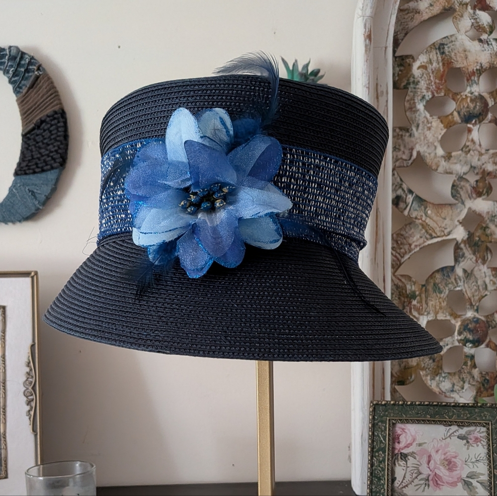 Navy & Silver Straw-Style Kentucky Derby Cloche Hat - 100% Poly